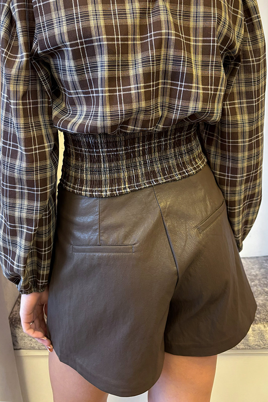 Brown Faux Leather Pleated Skort