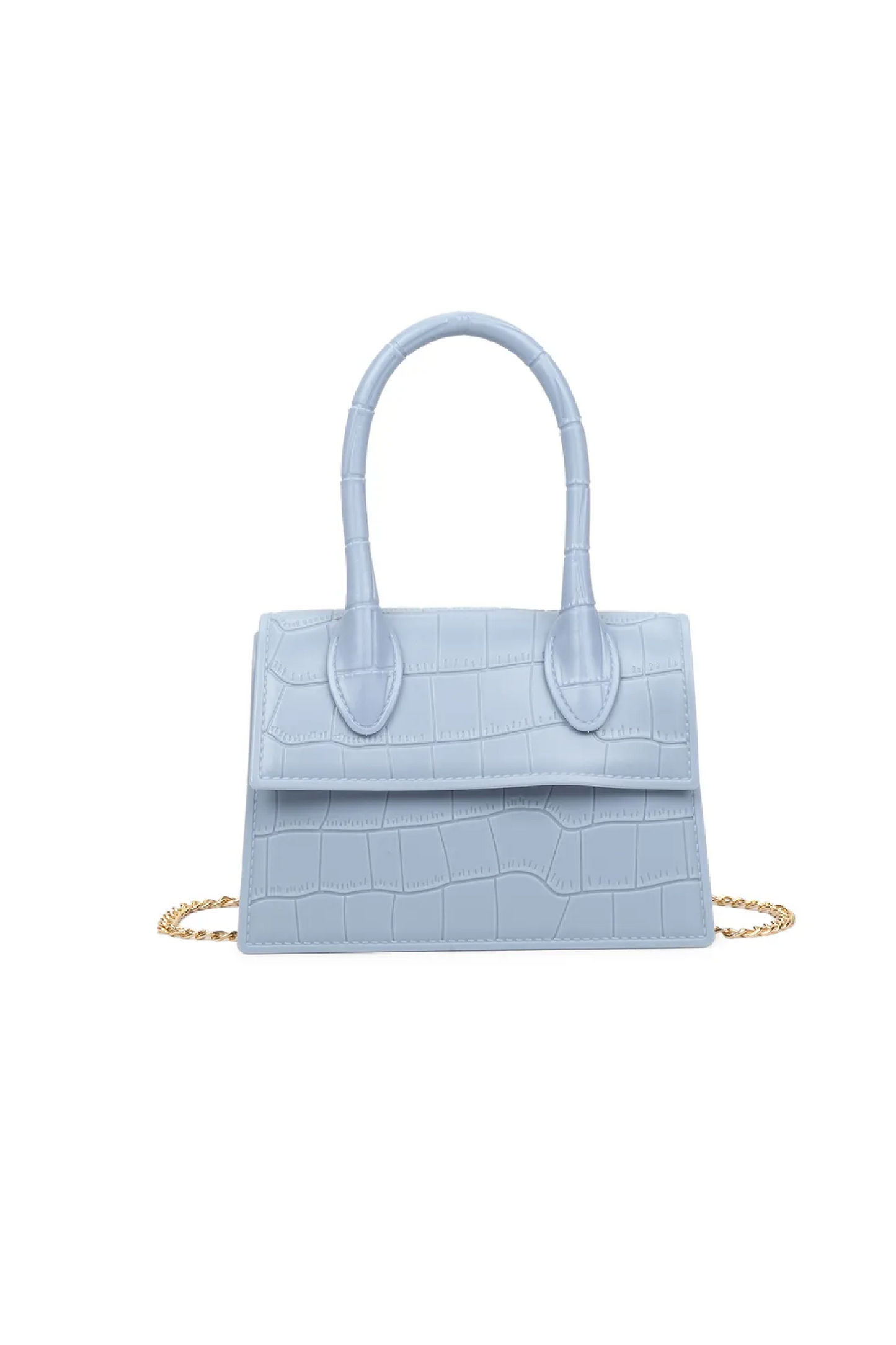 A baby blue mock croc jelly cross body bag with a detachable gold chain.