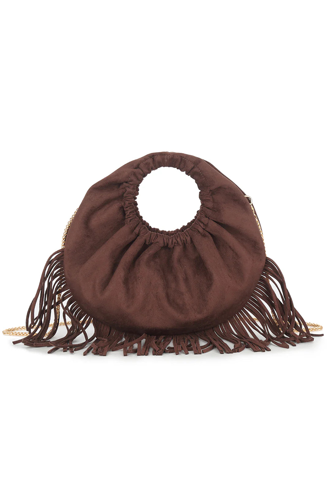 Brown Suede Fringed Hoop Handle Bag