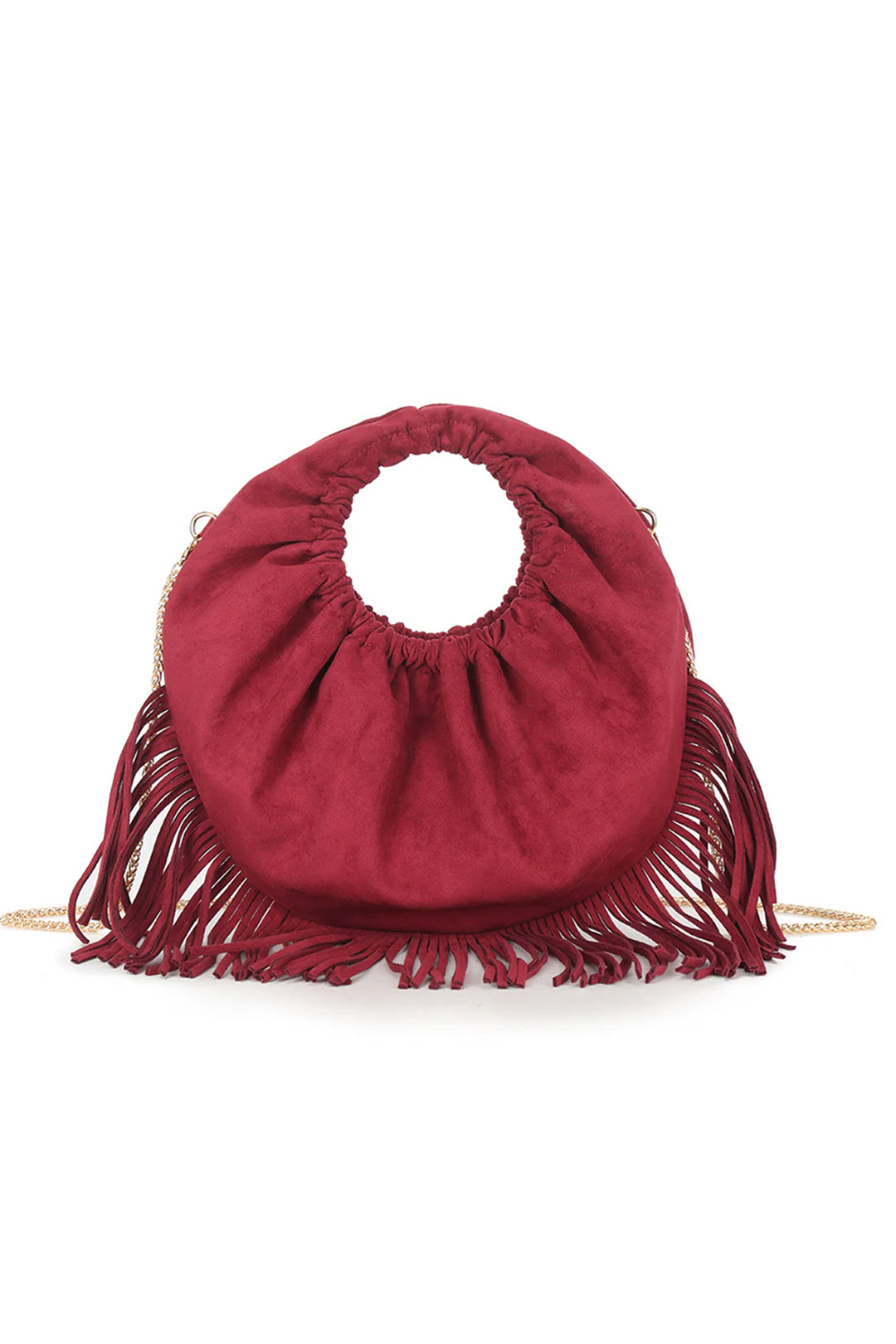 Burgundy Suede Fringed Hoop Handle Bag