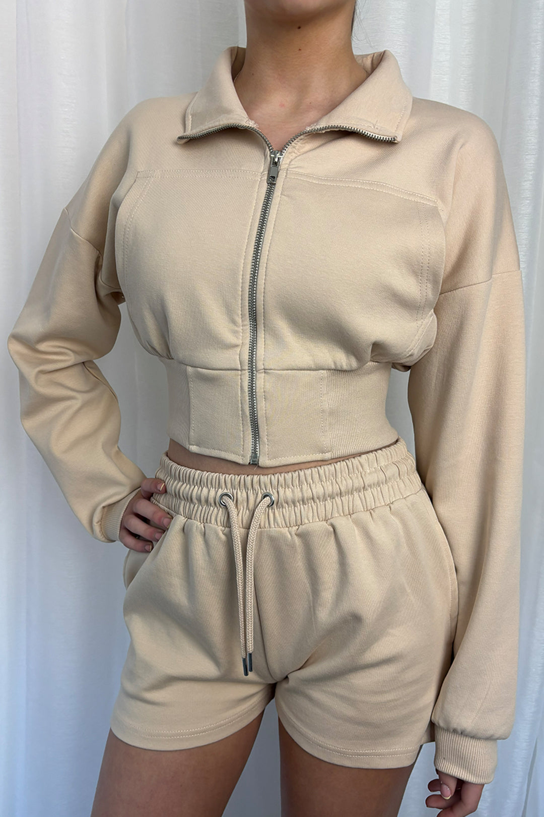 Beige Cropped Jacket & Shorts Co-ord
