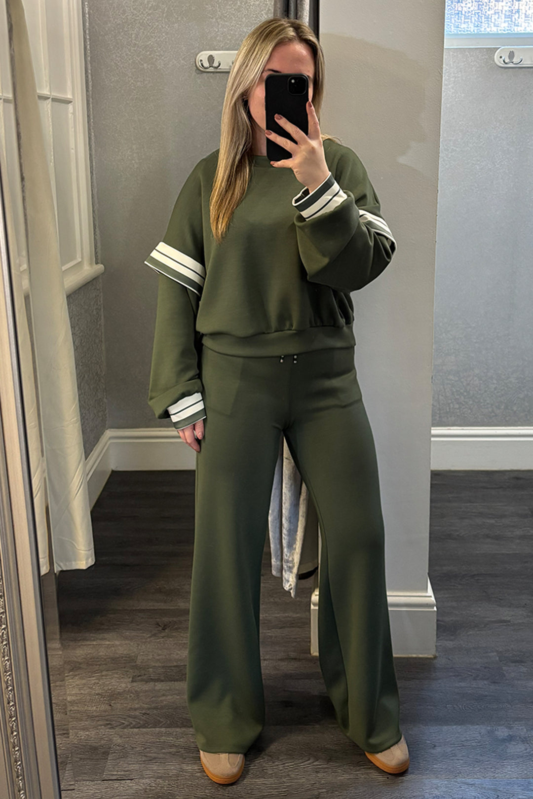 Khaki Striped Dropped Sleeve Loungesuit