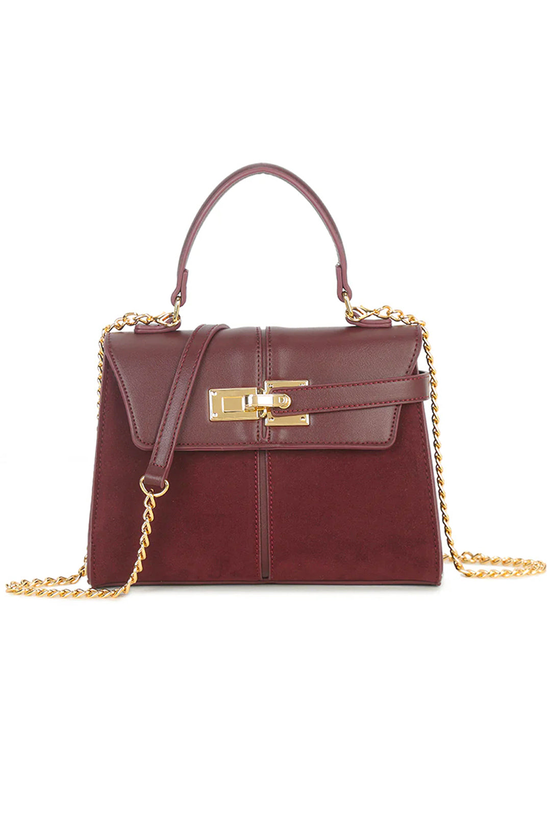 Burgundy Faux Suede & Leather Contrast Grab Bag