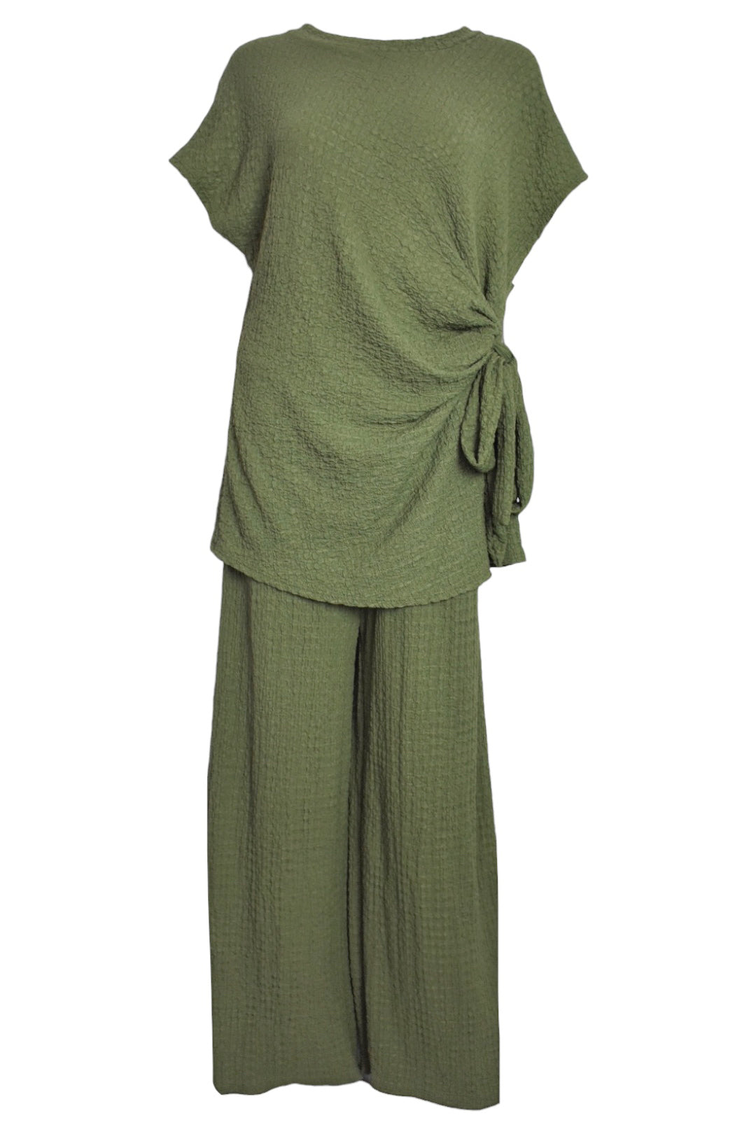 Khaki Crinkle Side Tie Top & Wide Leg Trousers