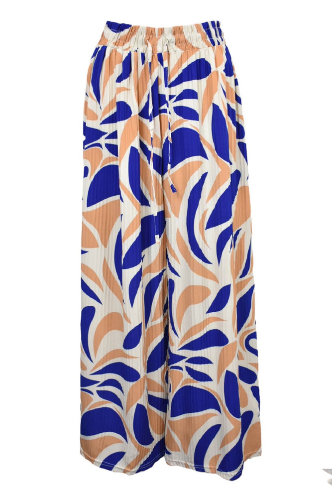 Blue Abstract Pleated Wide Leg Trousers