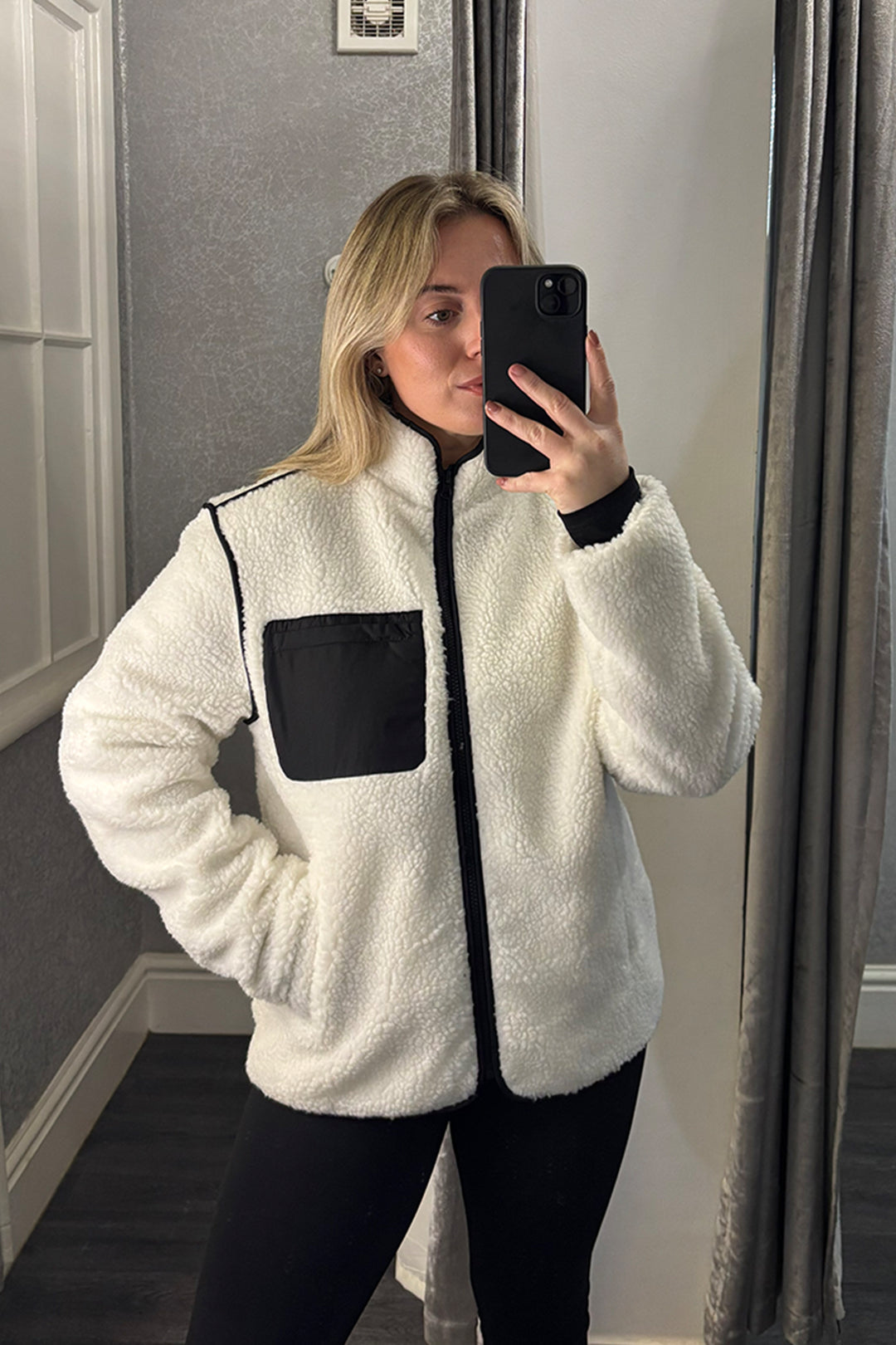 White Contrast Pocket Zip Up Fleece