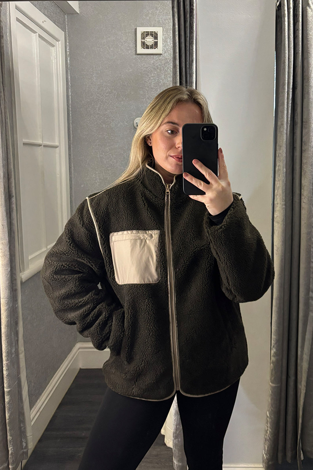 Khaki Contrast Pocket Zip Up Fleece