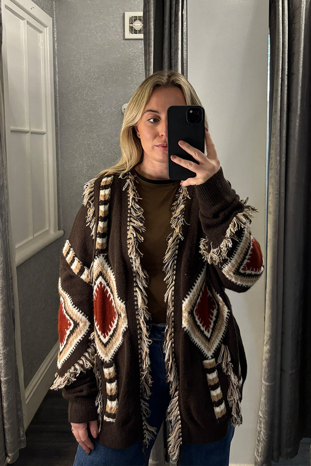 Brown Aztec Fringe Cardigan
