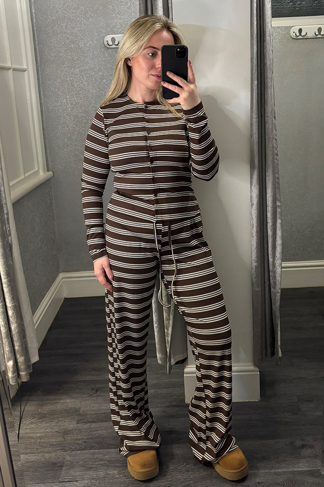 Brown & Cream Striped Button Up Ribbed Co-ord