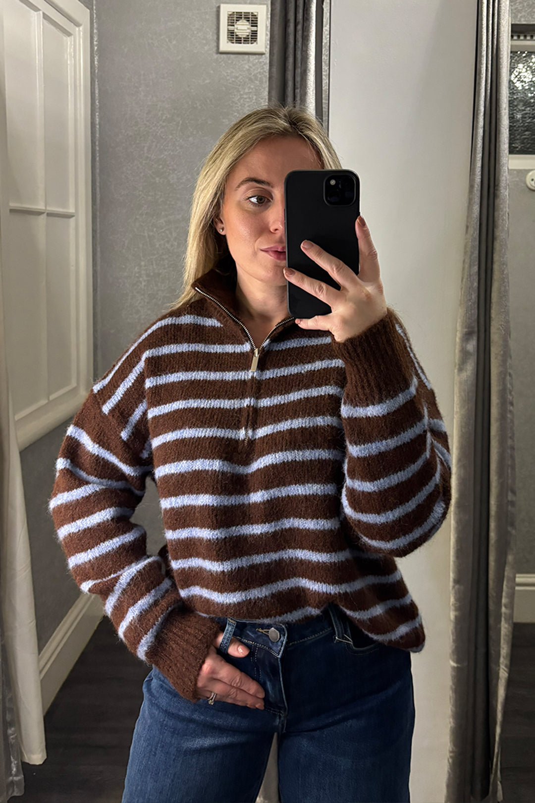 Brown & Blue Striped Knitted Quarter Zip Jumper