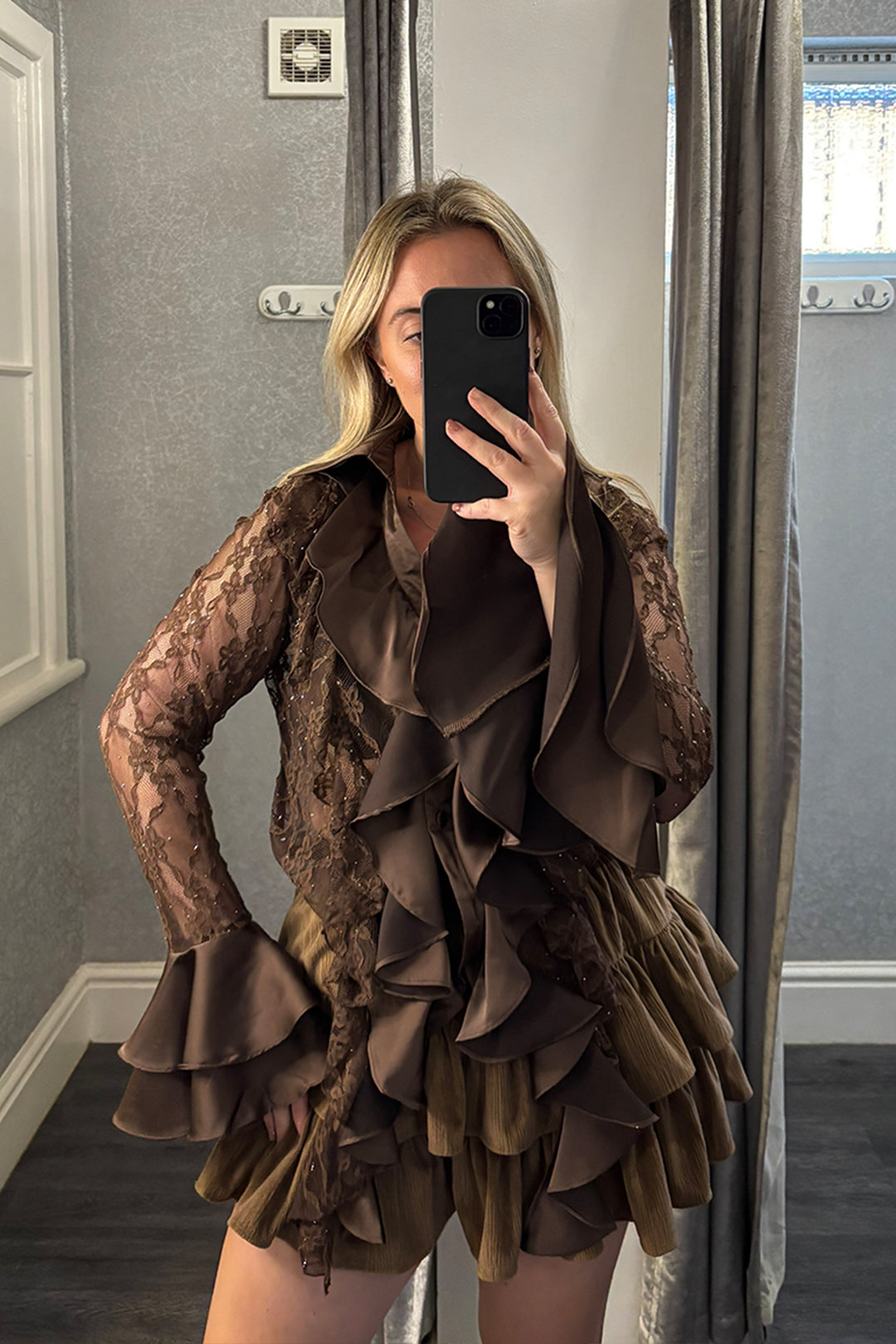 Brown Lace & Satin Frill Shirt