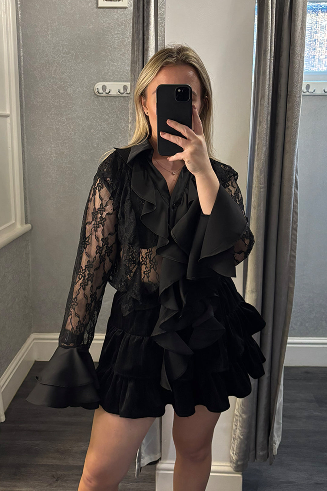 Black Lace & Satin Frill Shirt