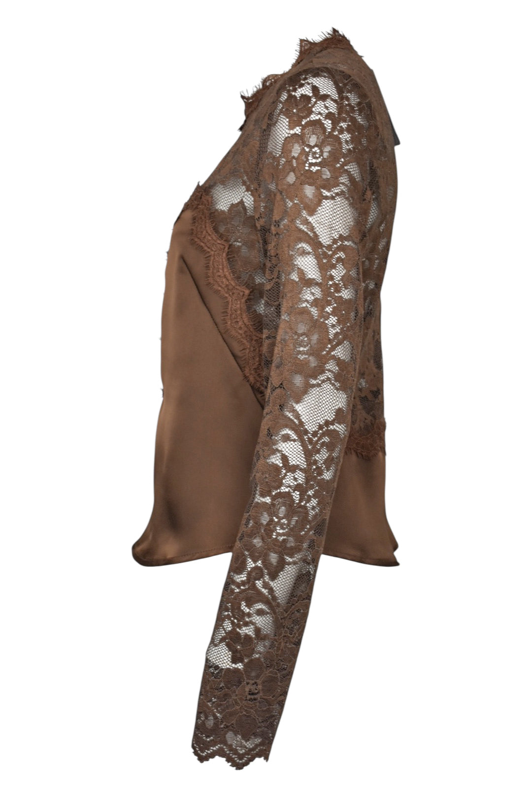 Brown Satin & Lace Long Sleeve Top