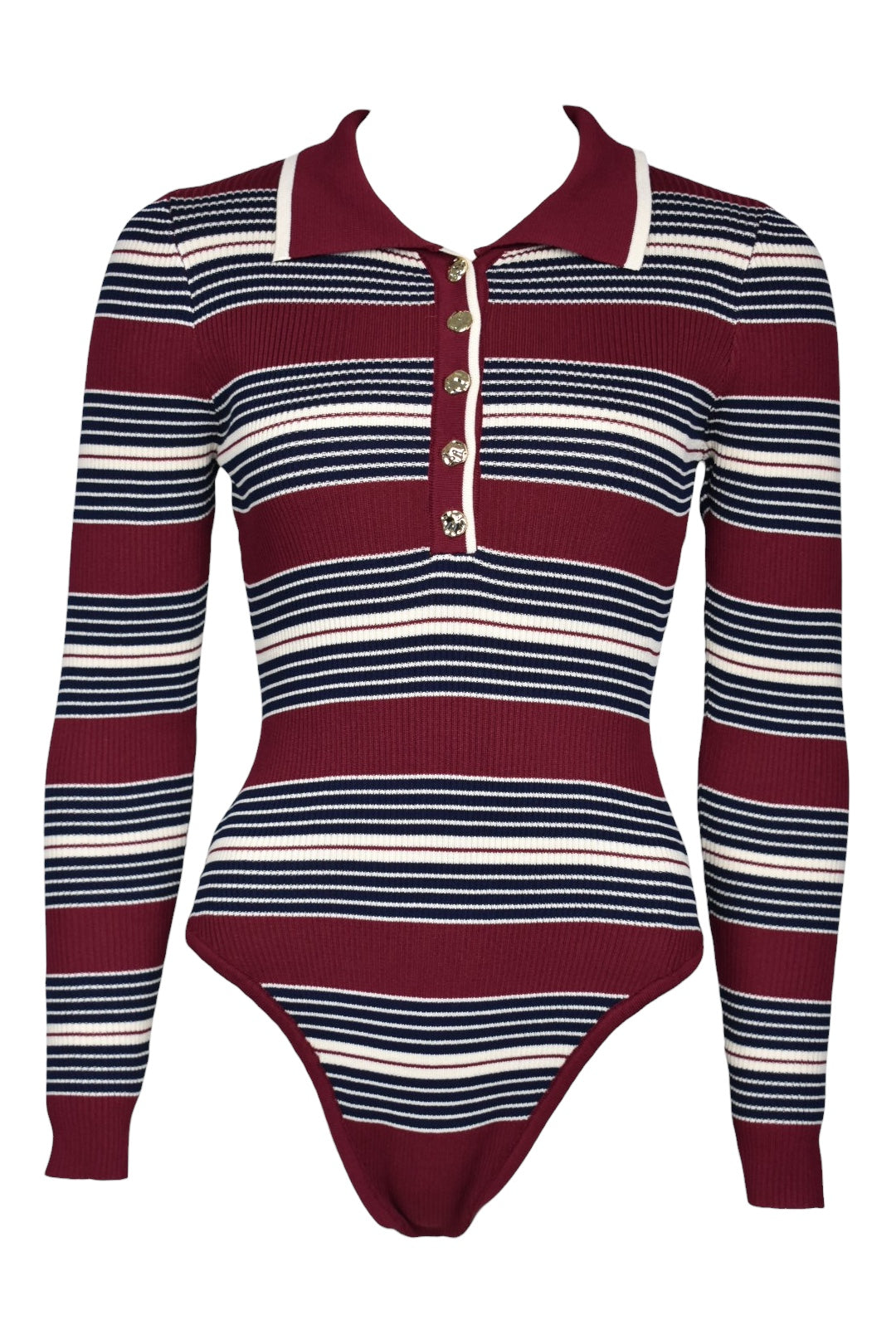 Burgundy, Black & Cream Striped Buttoned Bodysuit