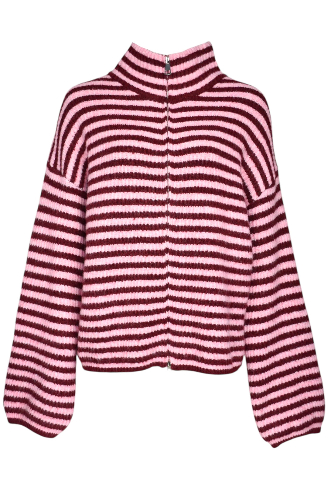 Pink & Burgundy Striped Knitted Zip Up
