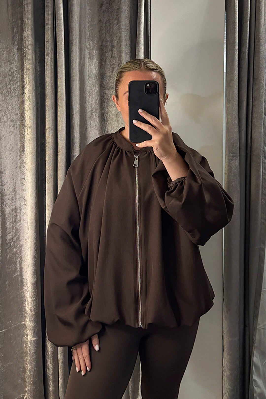 Brown Bubble Hem & Sleeves Zipped Jacket