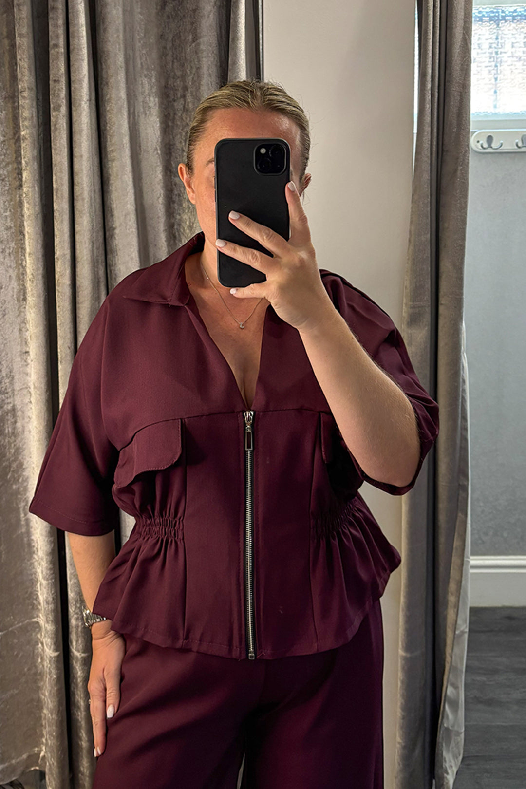 Wine Elasticated Peplum Jacket & Wide Leg Trousers Co-ord