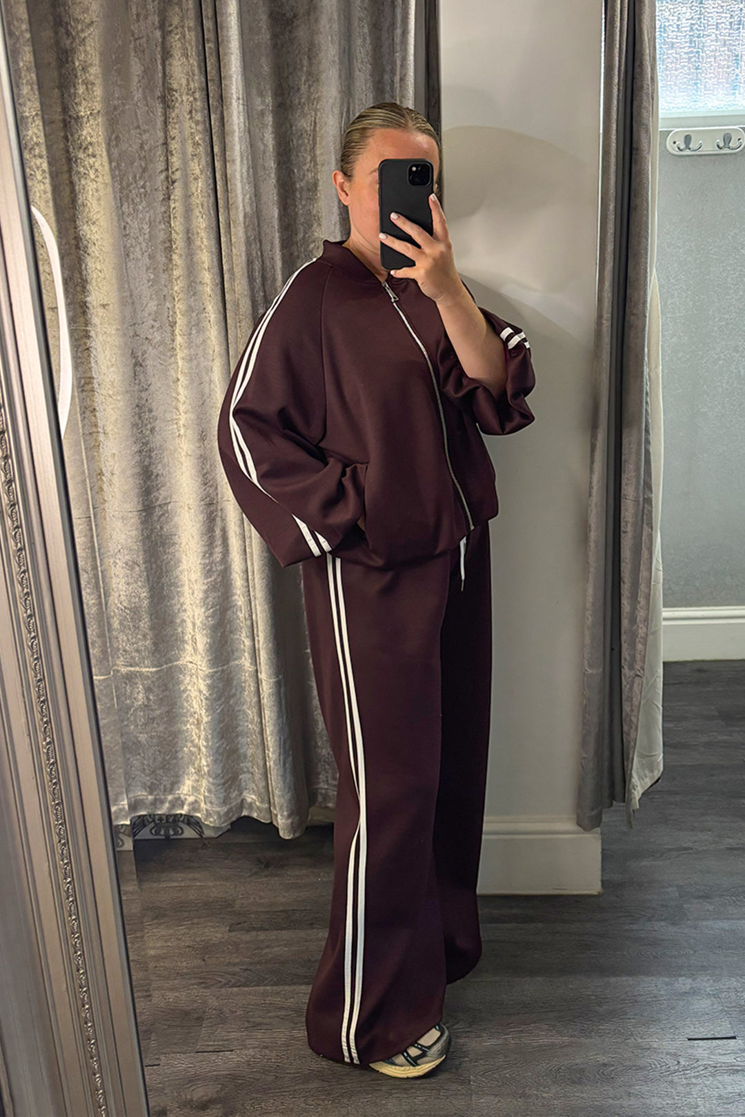 Aubergine Striped Zip Up Jacket & Wide Leg Joggers Loungesuit