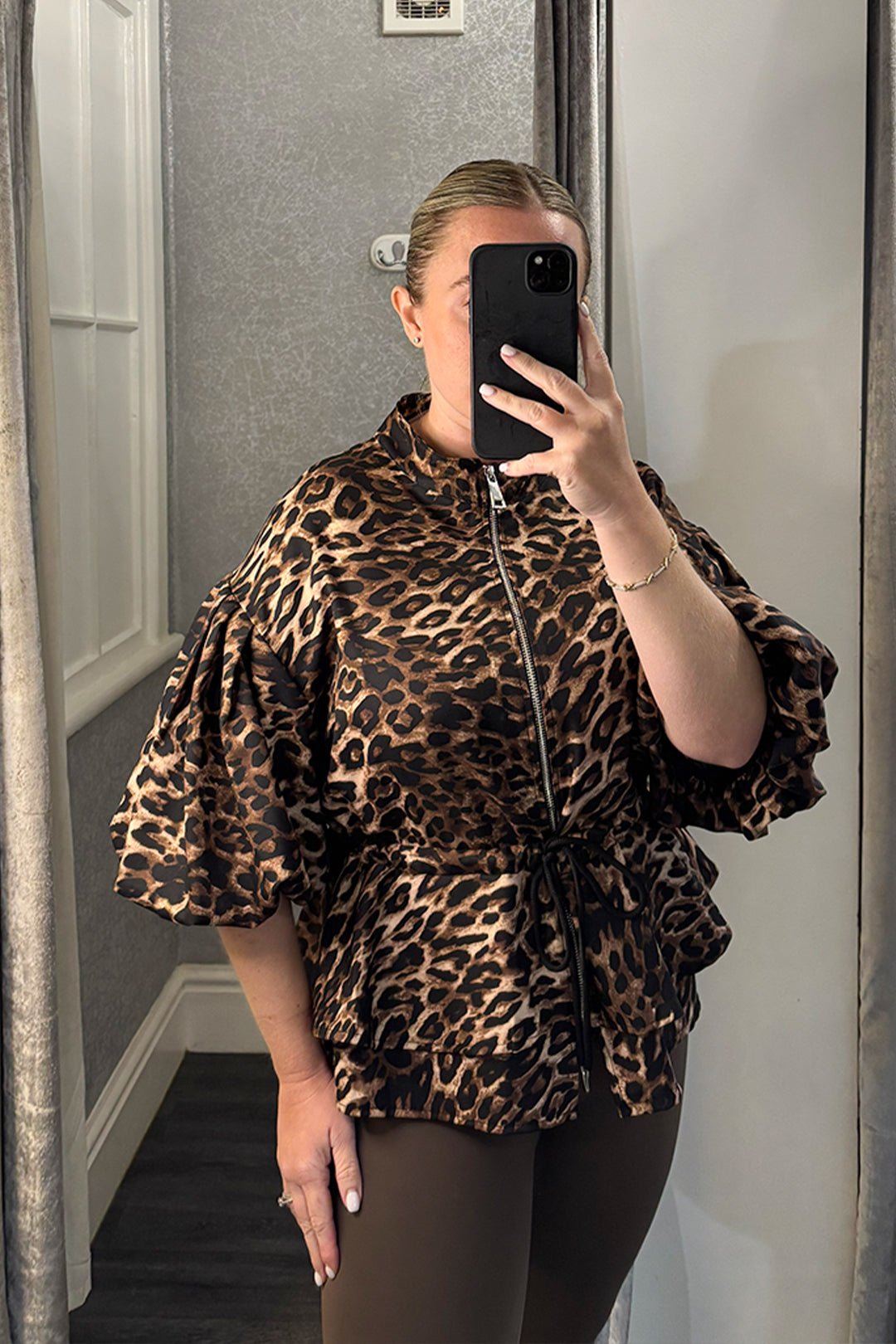 Leopard Print Dipped Hem Tie Waist Zip Up Top