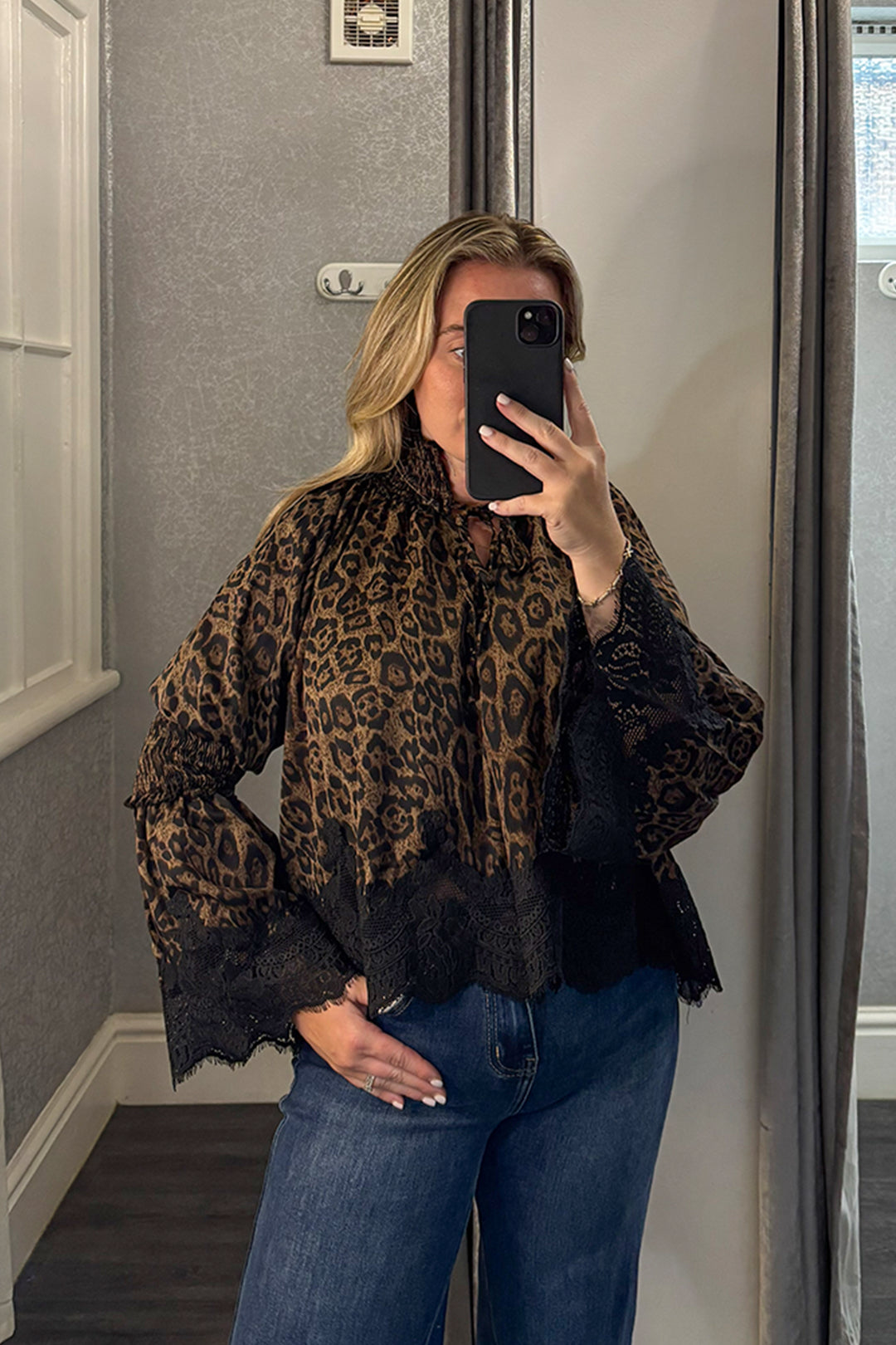 Leopard Print Lace Hem Flared Sleeve Top