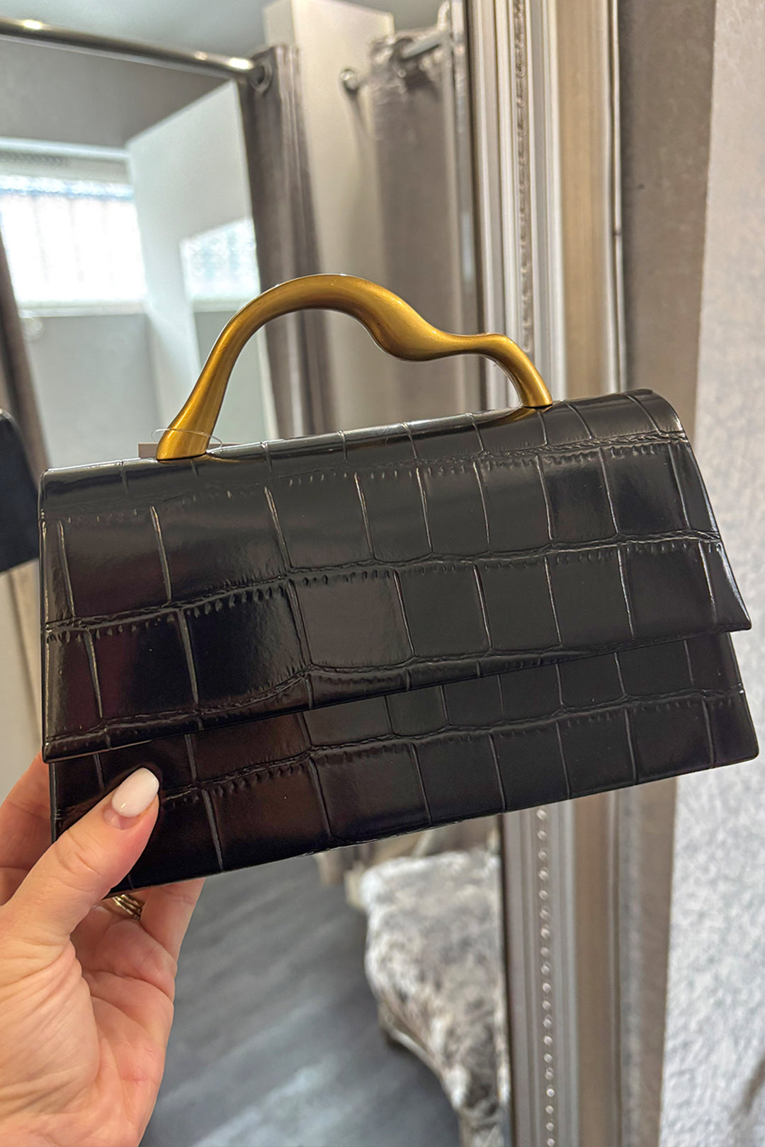 Black Faux Croc Gold Handle Grab Bag