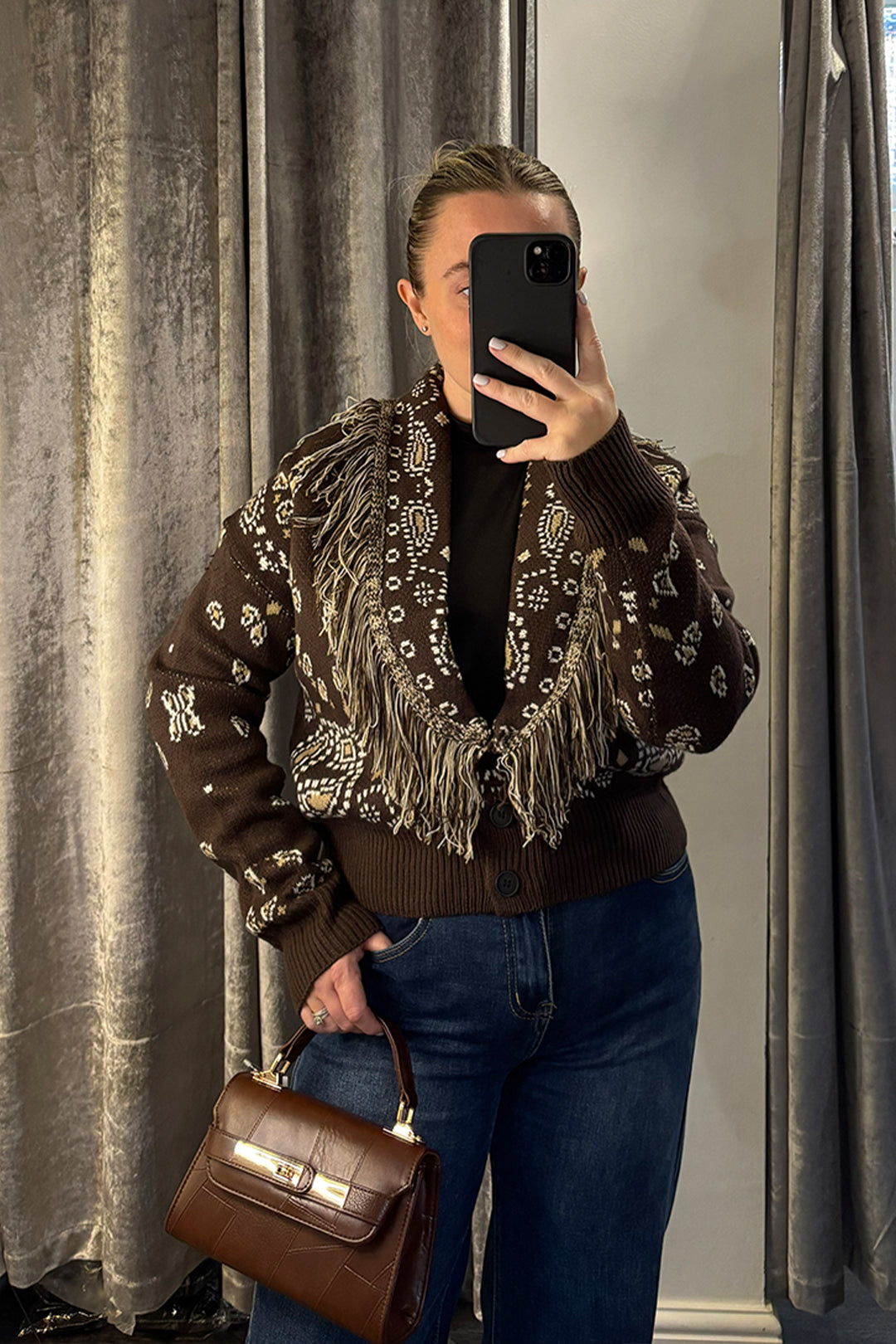 Brown Paisley Fringe Knitted Cardigan