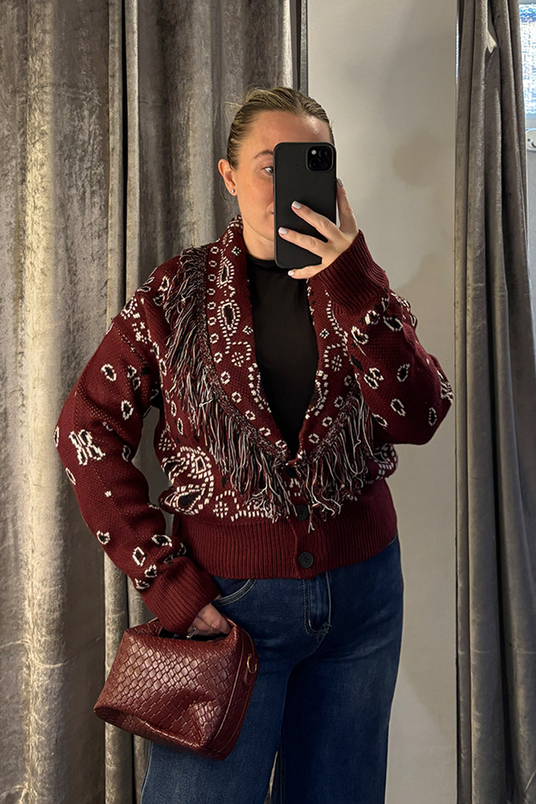 Wine Paisley Fringe Knitted Cardigan