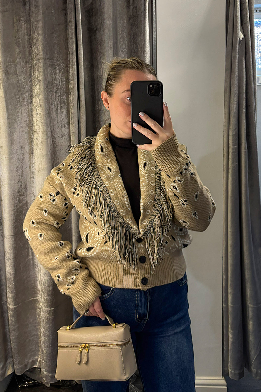 Taupe Paisley Fringe Knitted Cardigan