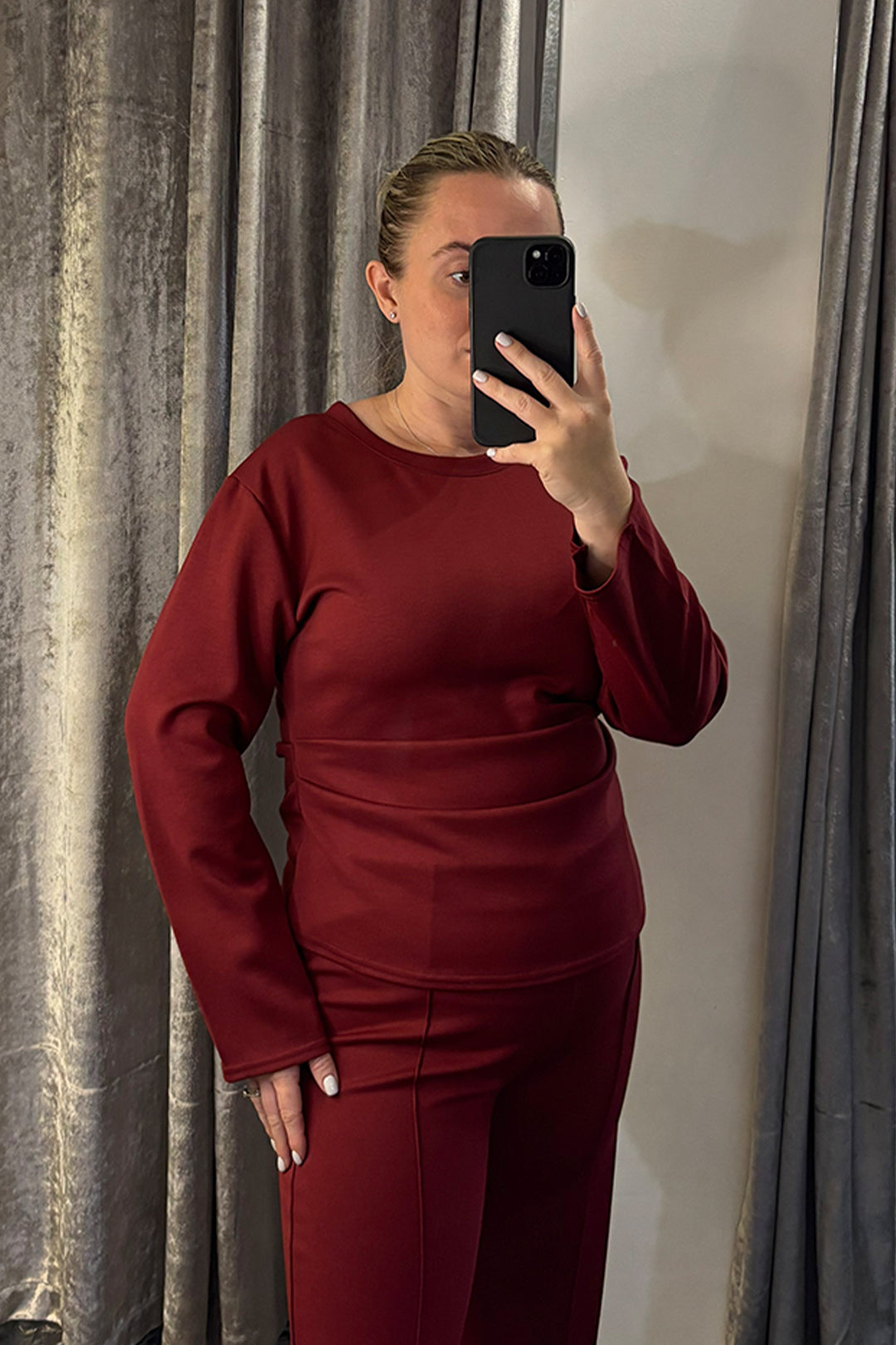 Brick Red Ruched Side Long Sleeve Loungesuit