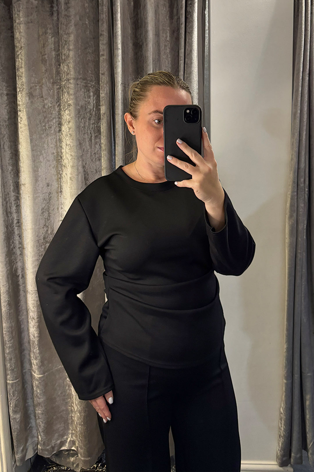 Black Ruched Side Long Sleeve Top Loungesuit