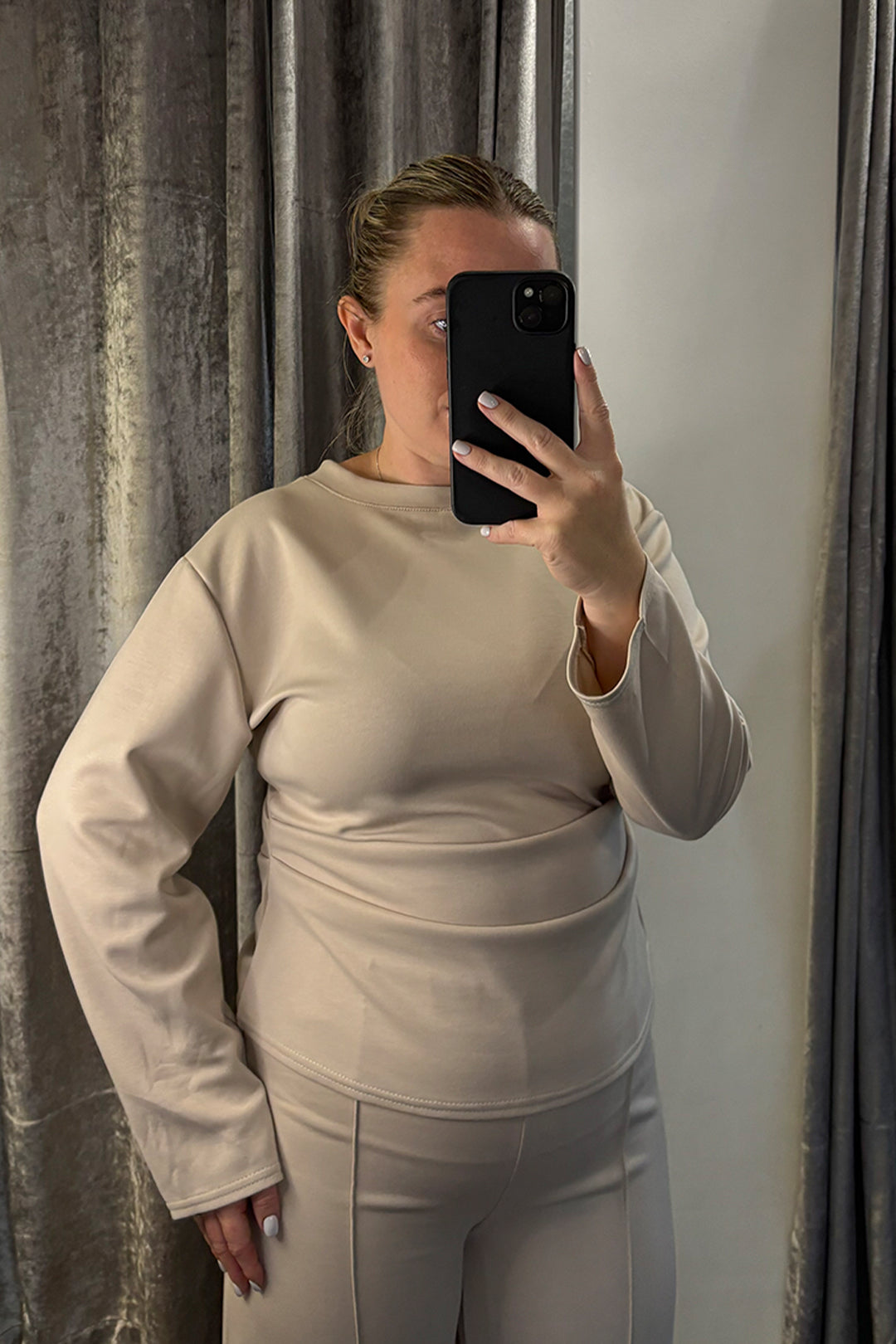 Beige Ruched Side Longe Sleeve Loungesuit