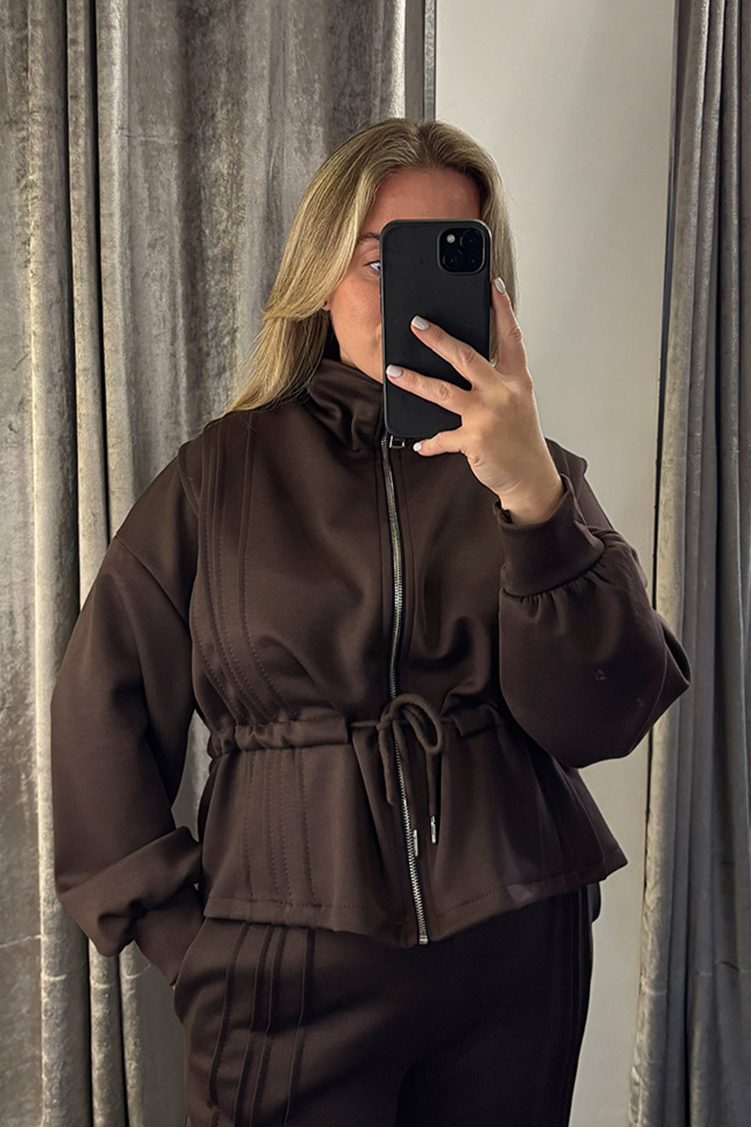Brown Pleated Drawstring Peplum Jacket Loungesuit
