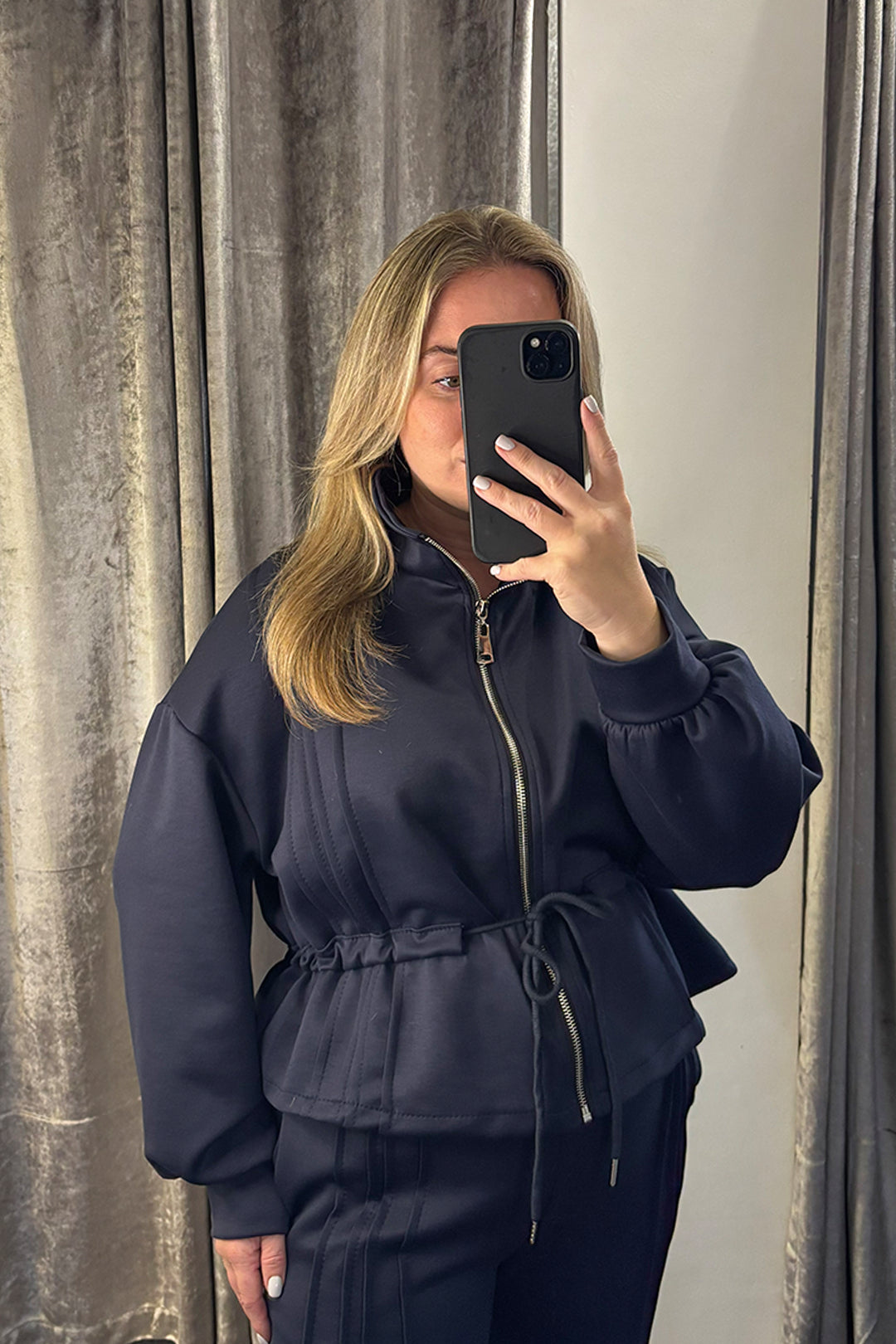 Navy Pleated Drawstring Peplum Jacket Loungesuit
