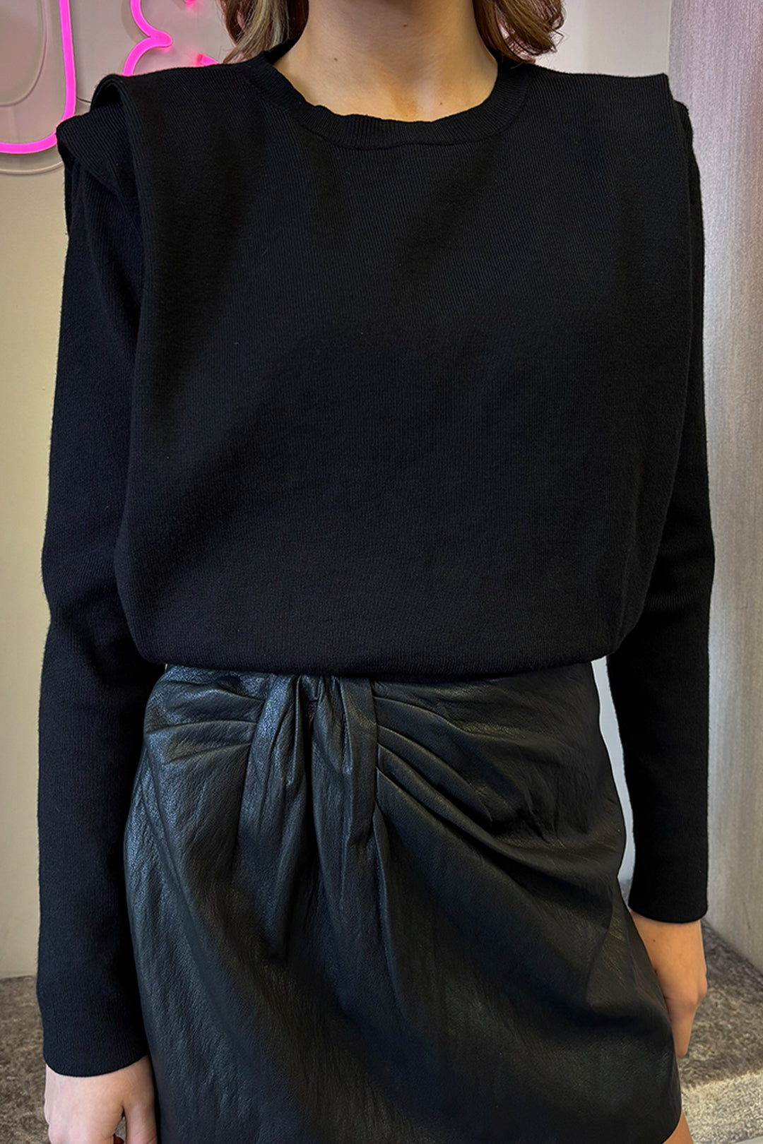 Black Draped Padded Shoulder Knitted Top