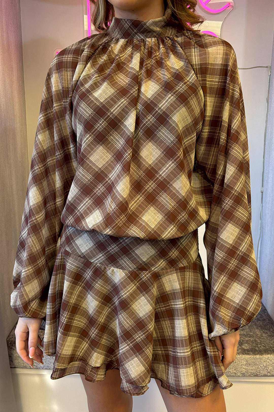 Brown & Cream Checked Long Sleeve Dress
