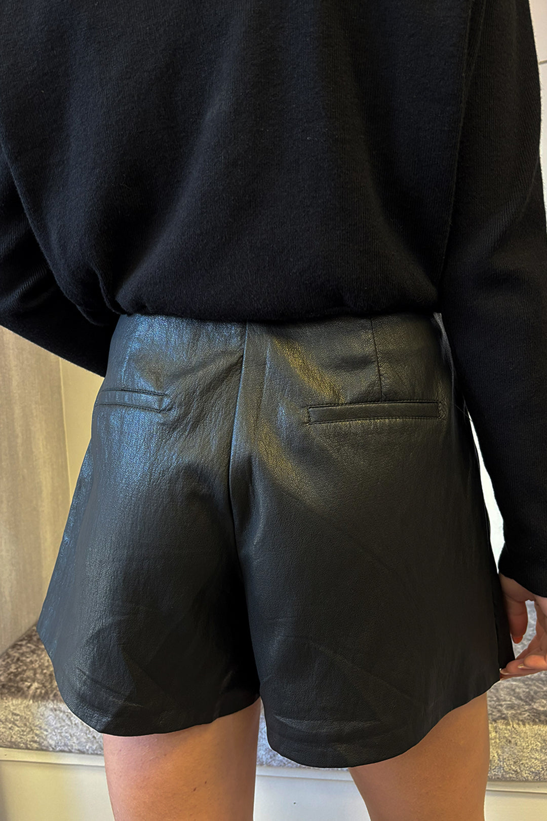 Black Faux Leather Pleated Skort