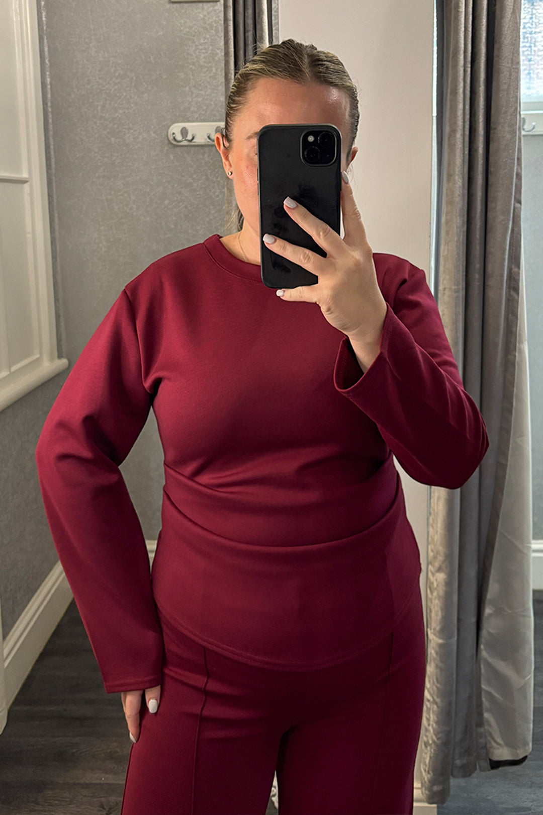 Burgundy Ruched Side Long Sleeve Loungesuit