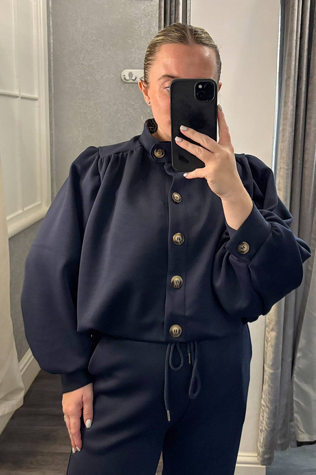 Navy Pleated Shoulder Button Top & Trousers Co-ord