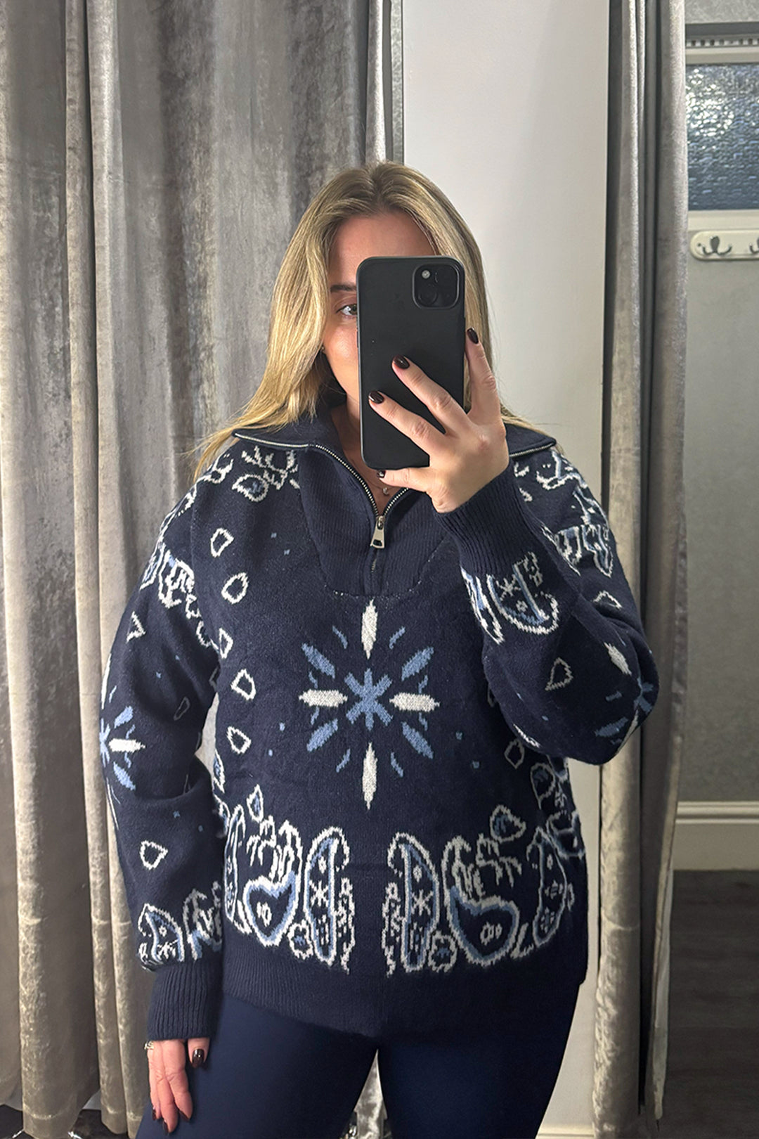 Navy Paisley Quarter Zip Knitted Jumper