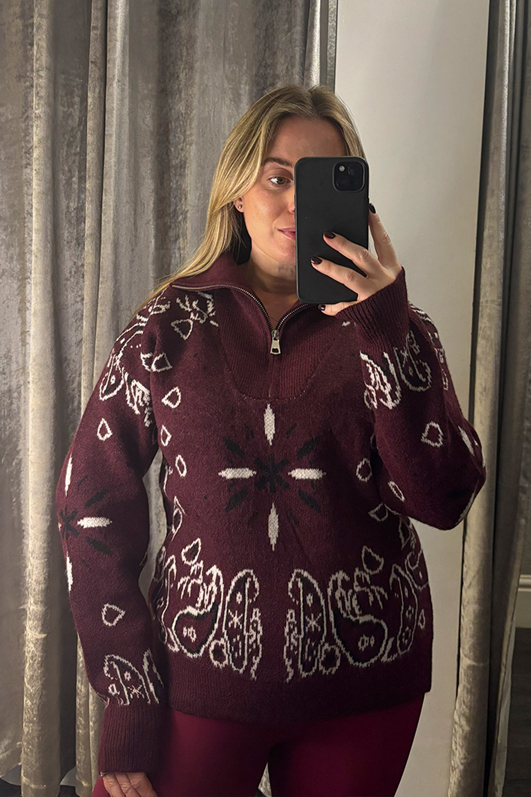 Burgundy Paisley Quarter Zip Knitted Jumper