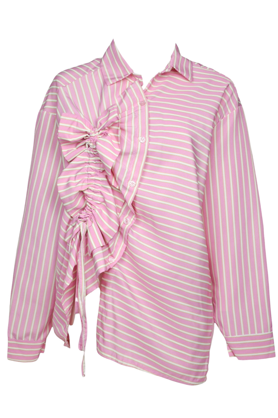 Pink Pinstripe Ruched Frill Shirt