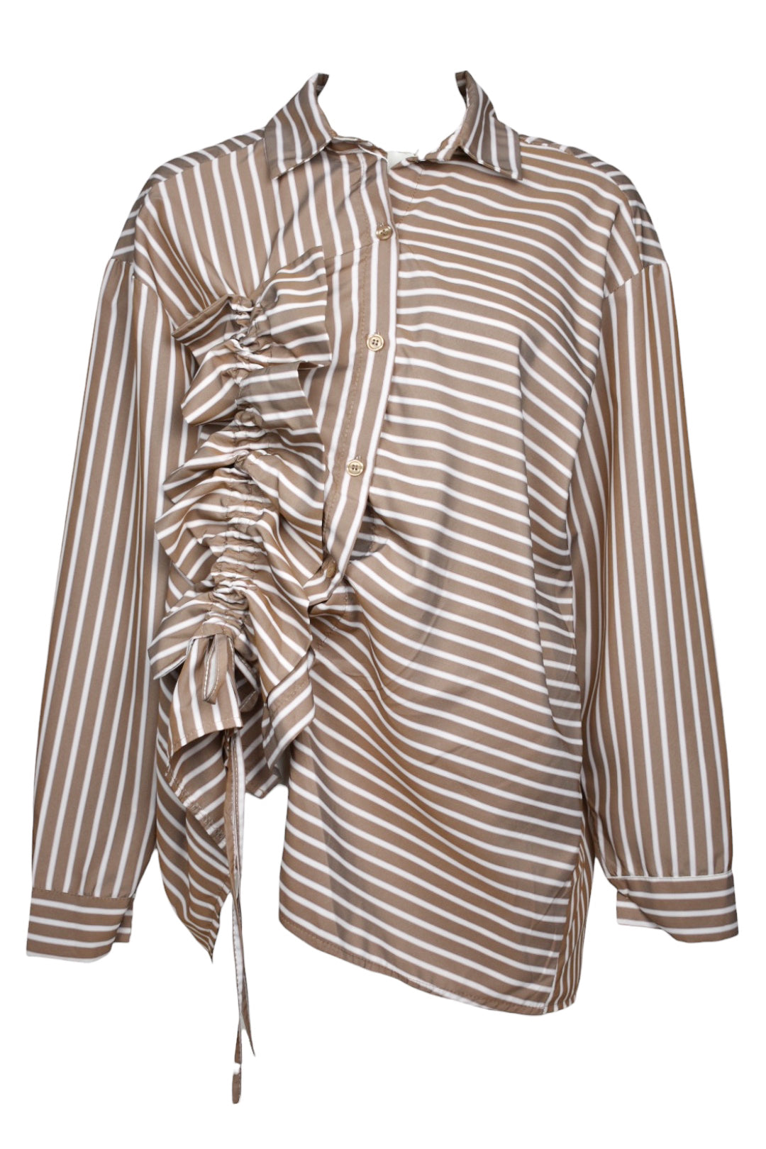 Mocha Pinstripe Ruched Frill Shirt