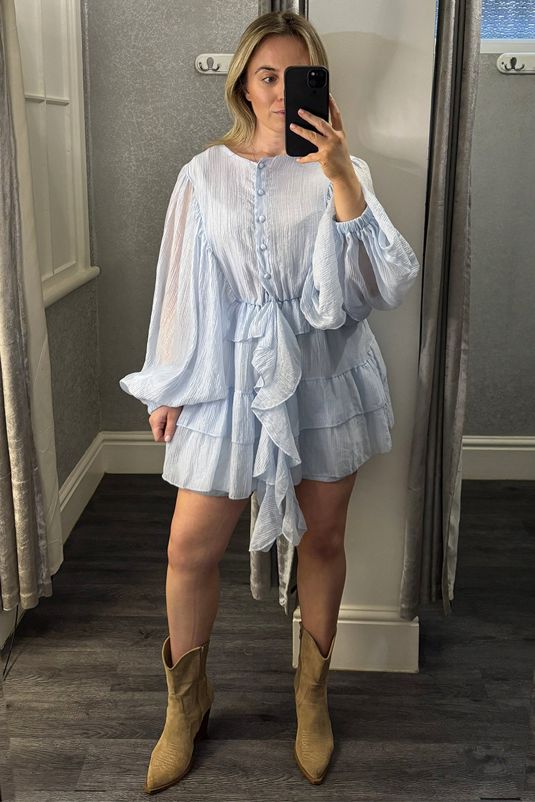 Blue Balloon Sleeve Tiered Hem Dress