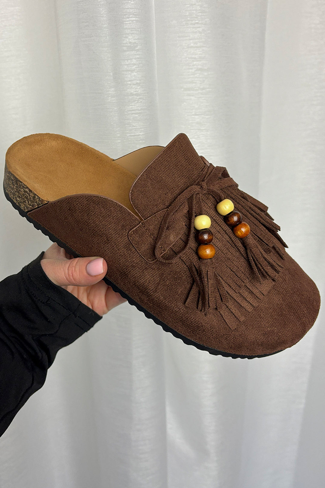Brown Faux Suede Fringe & Bead Mules