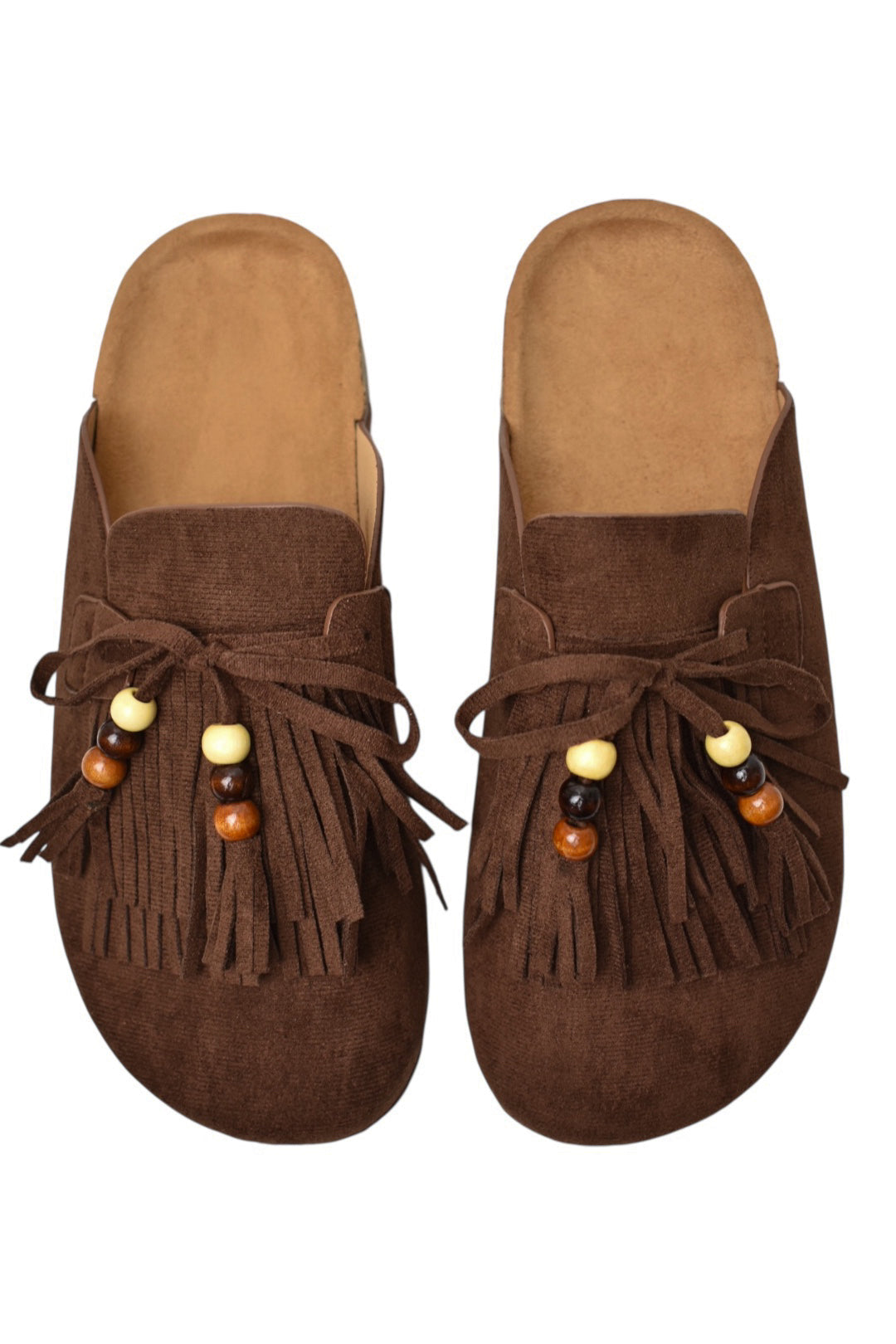 Brown Faux Suede Fringe & Bead Mules
