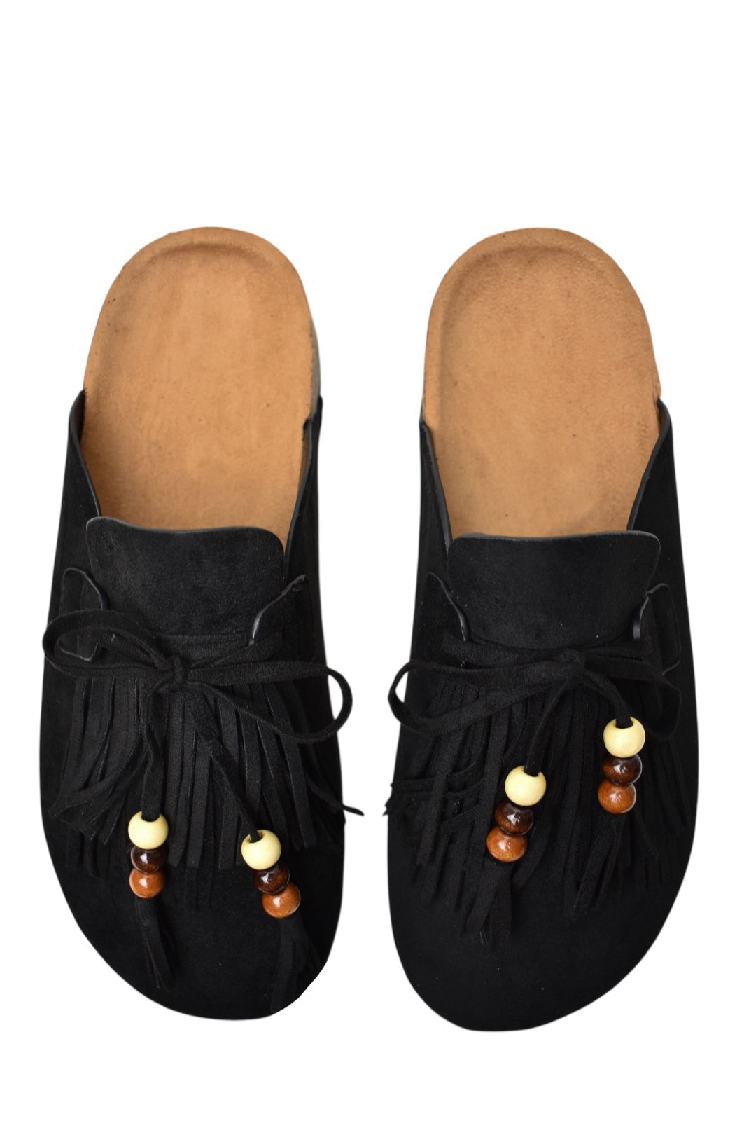 Black Faux Suede Fringe & Bead Mules