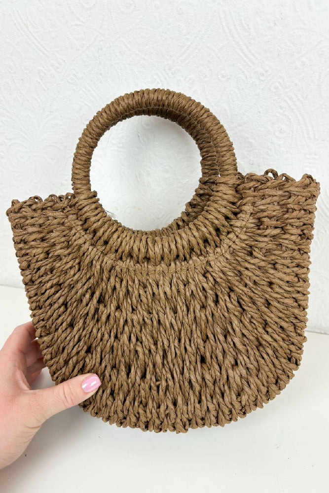 Brown Woven Straw Hoop Bag