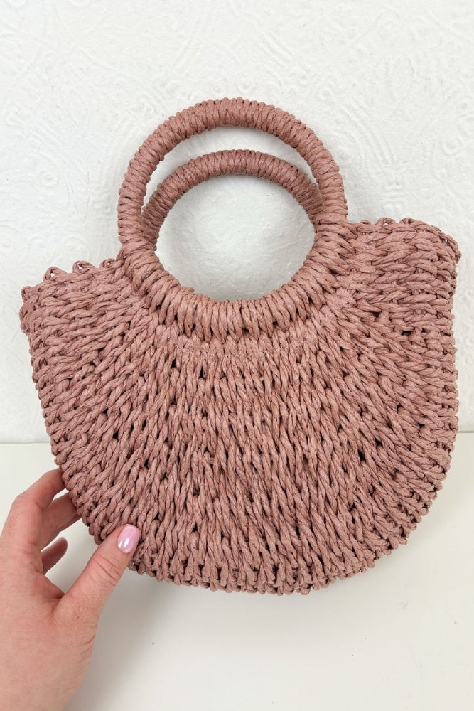 Pink Woven Straw Hoop Bag (Small)
