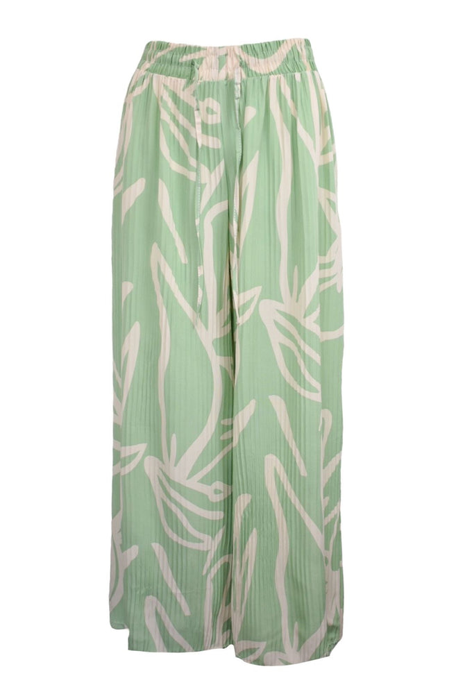 Green & White Abstract Pleated Wide Leg Trousers