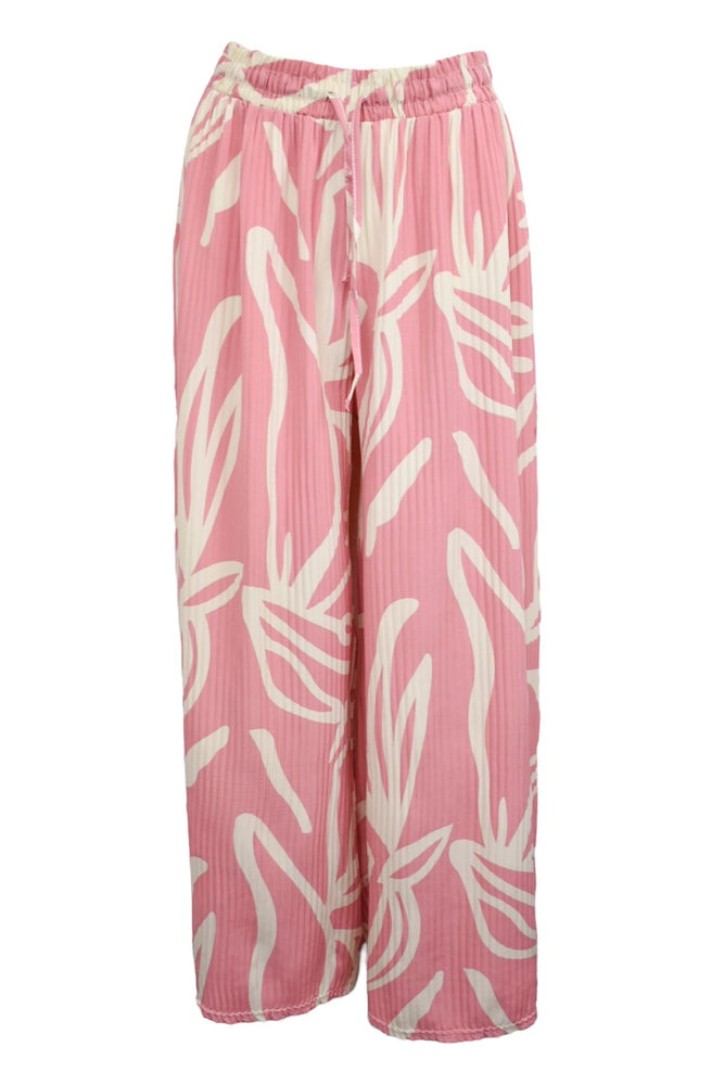 Pink & White Abstract Pleated Wide Leg Trousers